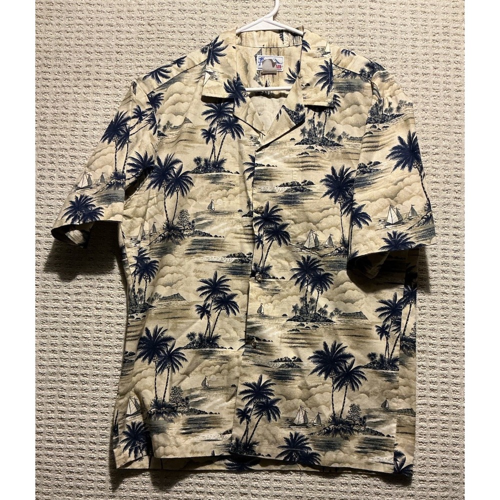 HAWAII Brand VTG Cotton Shirt L Diamond Head Label 80's Tan Blue Green USA MADE